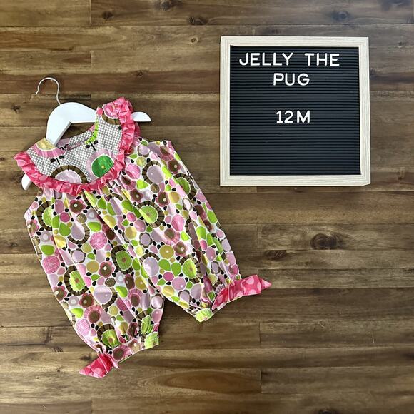 Jelly The Pug Montrose Britany Romper Bubble Pink Brown Floral Sleeveless 12M - Picture 1 of 7